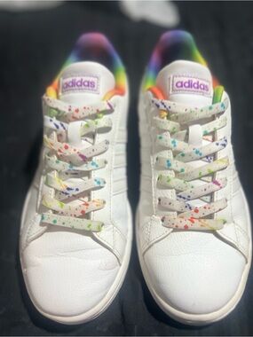 adidas White Sneakers with Rainbow Splatter and Rainbow Collar